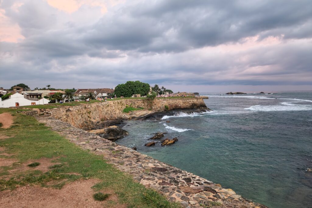 A scenic view from the historic ramparts of Galle Fort, a UNESCO World Heritage Site in Galle, Sri Lanka.