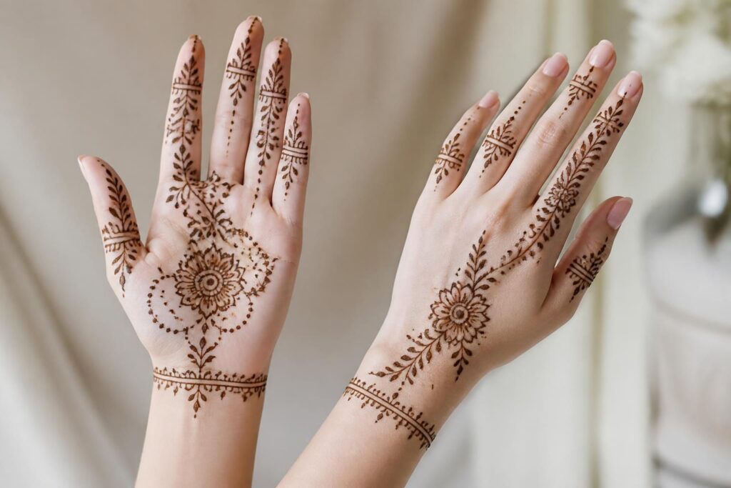 découvrez des motifs mehndi simples et élégants pour embellir la main avant et arrière, parfaits pour toutes les occasions.