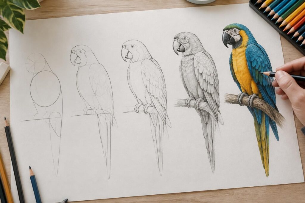 apprenez à dessiner un perroquet étape par étape grâce à un guide adapté aux débutants comme aux artistes confirmés.
